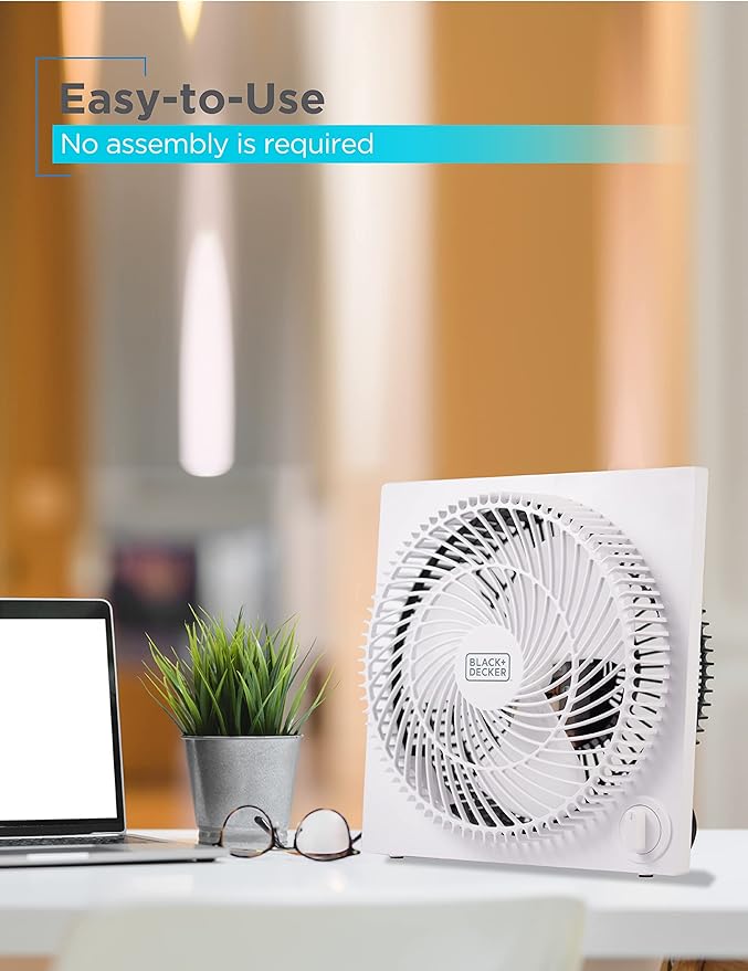 BLACK+DECKER 9-Inch Frameless Box Fan, Freestanding Desk Fan with 3-Speed Settings, Portable Fan for Home Office or Garage, BFB09W, White