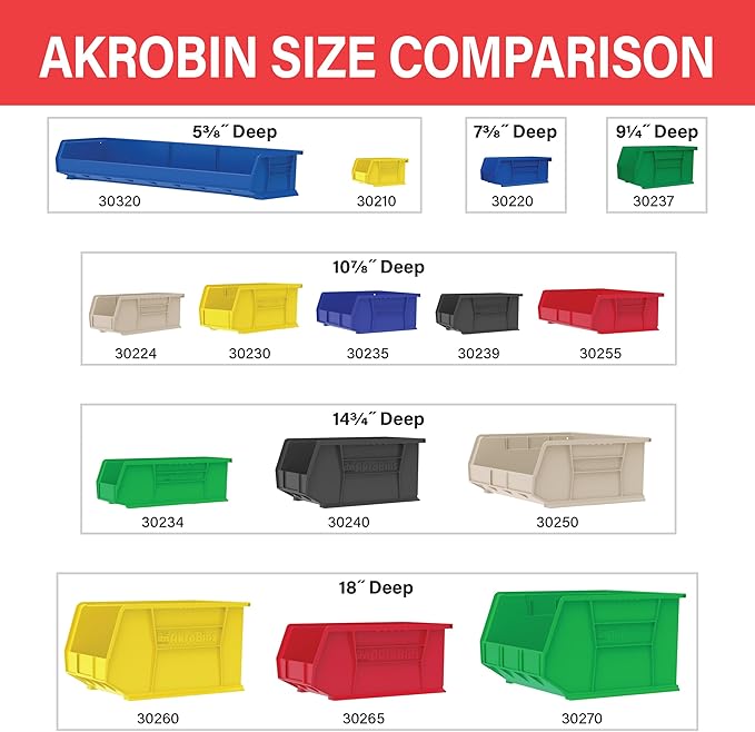Akro-Mils 30239 AkroBins Plastic Storage Bins, Space-Saving Stackable Bins for Garage, Pantry, Craft Organization, 11-" x 8-" x 7-", Red, 6-Pack