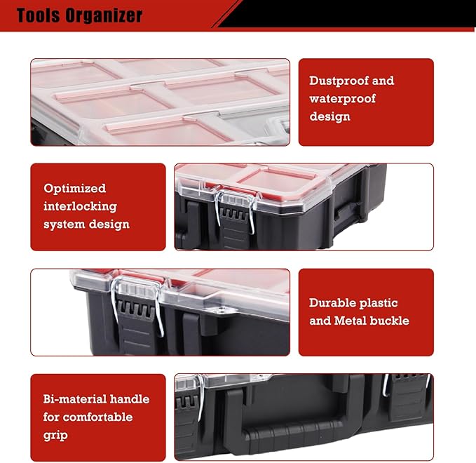 Tools Organizer, Small Parts Storage Toolbox, 2 Pcs (1+1) Durable Hardware Deep Box Storage, 17.3 * 14 * 6.7" with Removable Inner Cups