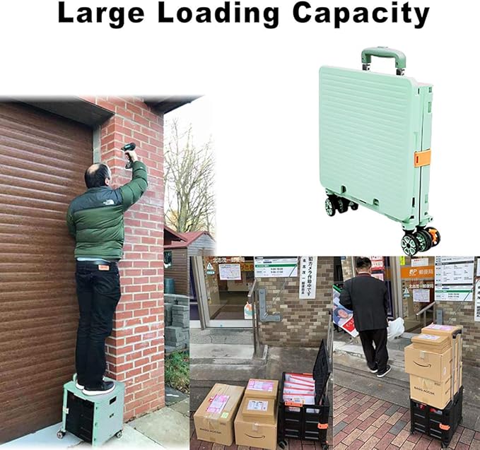Foldable Utility Cart Folding Portable Rolling Crate Handcart Shopping Trolley Wheel Box with Lid Wear-Resistant Noiseless 360°Rotate Wheel for Travel Shopping Moving Storage Office Use (Green)