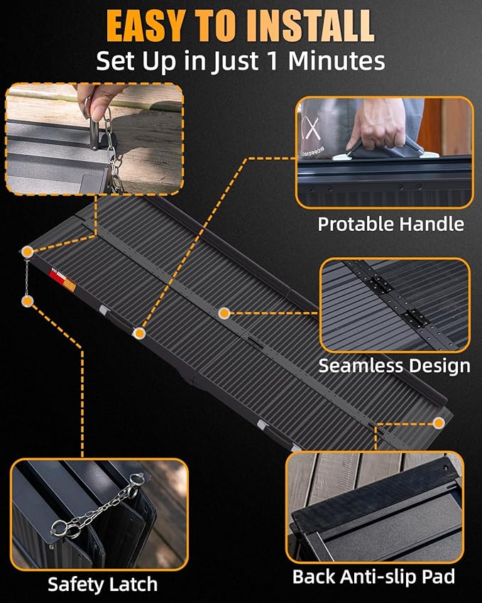 VNN Portable Wheelchair Ramp 7FT, Black Seamless Non-Slip Aluminum Ramps for Wheelchairs for Home, Handicap Wheelchair Ramps for Home Steps, Aluminum Loading Dock Plates