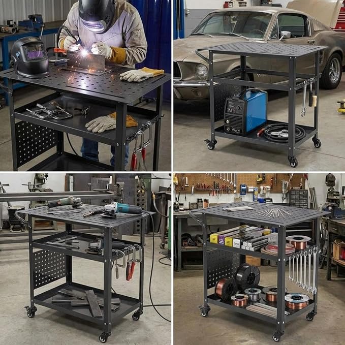 Heavy-Duty Welding Table with Wheels, 36"X24" Portable Welder Workbench with 5/8" Fixture Holes & Storage Panels for Shop & Workshop | Mobile Welding Station & Fabrication Table