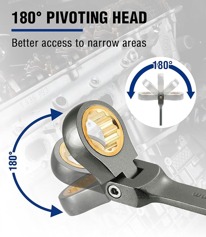 WORKPRO 8 mm Flex-Head Ratcheting Combination Wrench, Cr-V Constructed, Nickel Plating, 72-Teeth, 12 Point Design, Metric