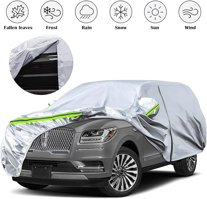 Waterproof Car Covers Replace for 2007-2025 Ford Expedition EL/MAX and Lincoln Navigator L, 6 Layers Silver All Weather Car Cover with Zipper Door for Snow Rain Dust Hail Protection