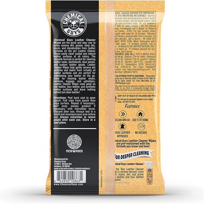 Chemical Guys Leather Cleaner Wipes Mega 50 Pack - Interior Leather Wipes for Cars, Natural, Synthetic, Faux & Pleather Surfaces, Safe for Cars, Trucks, Furniture, Boots & More, Convenient 50 Count