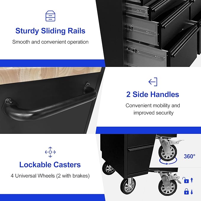 72-Inch Steel Rolling Tool Box with 15 Drawers, Heavy-Duty Mobile Garage Workbench, Lockable Large Tool Chest Storage Cabinet with Wheels for Workshop, Matte Black Finish