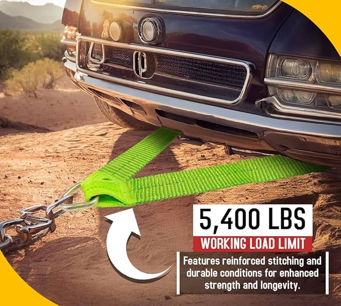 Mytee Products 2 Pack Tow Straps V Bridle 3" x 36" w/RTJ Clusters, Hi VIZ/HI Abrasion Green Webbing, 5400 lbs WLL | Recovery V Strap w/Reinforced Webbing for Towing, Wrecker, Rollback, Car Hauler
