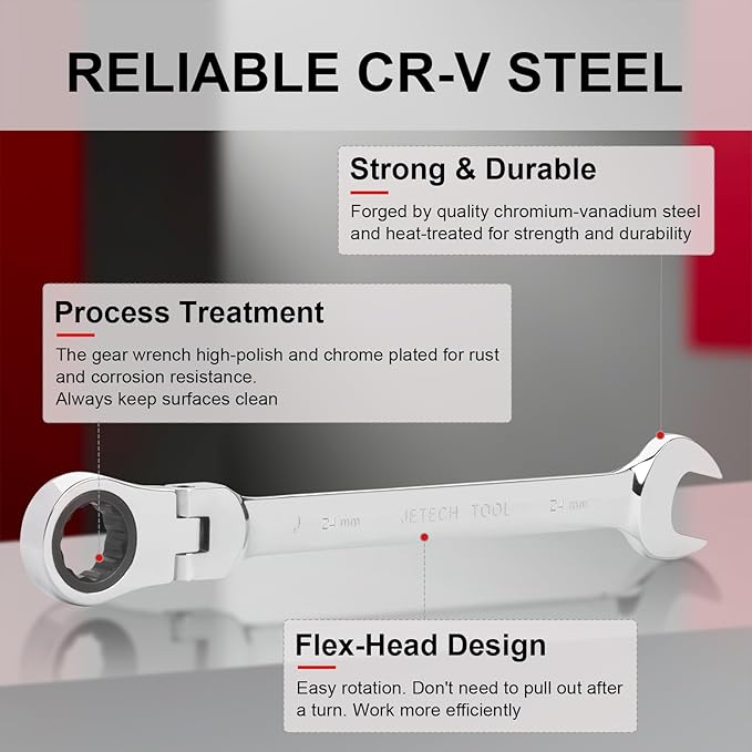 Jetech 24mm Flex-Head Ratcheting Combination Wrench, Premium Industrial Grade Spanner 72-Tooth Cr-V Steel - 180 Degree Flexible Box End Perfect for Tight Spaces, Auto & DIY Repair