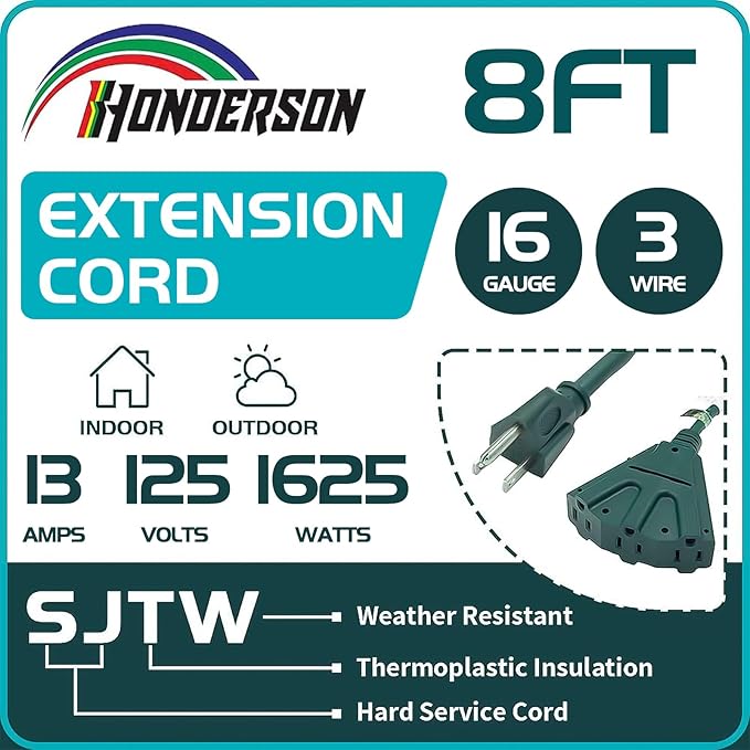 3-Outlets Indoor Outdoor Extension Cord Weatherproof, UL Certified, 16 Gauge 8FT Green 3 Prong Heavy Duty, 16/3 SJTW 13A Power Cord Multiple Outlets
