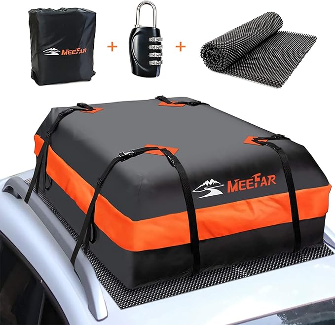 Combo of MeeFar Hitch Mount Cargo Carrier Bag Soft Shell 20 Cubic Feet 100% Waterproof + 15 Cubic Feet Car Roof Bag Cargo Carrier