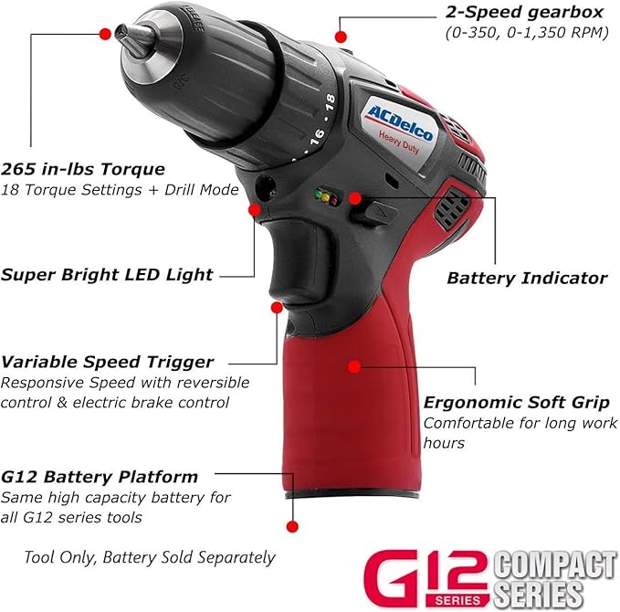 ACDelco ARD12119T G12 Series 12V Cordless Li-ion 3/8” 265 in-lbs. Compact Drill Driver - (Tool Only, No Battery)