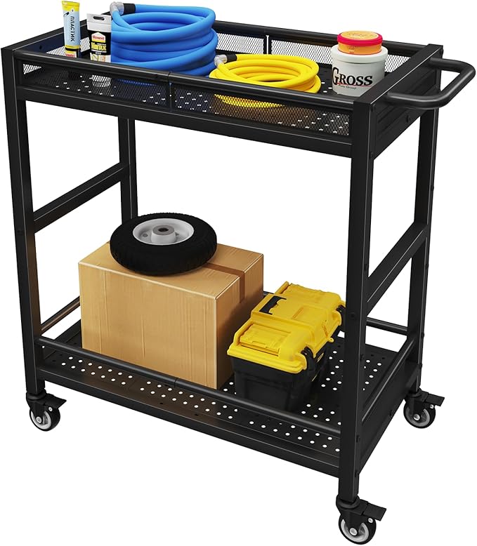 600LBS Heavy Duty Service Utility Cart on Wheels, Metal Rolling Utility Cart with Fences, 2-Tier Service Carts for Garage Garden Warehouse Tool House Basement, 360° Swivel, Ergonomic Handle, Sturdy
