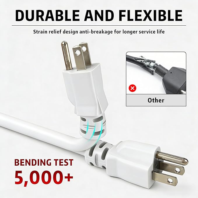 Indoor Extension Cord, 12 Gauge 3 Prong Weatherproof Heavy Duty White Extension Cords, 12/3 SJTW 15A 3 FT Extension Cable for Garage, Garden and Home