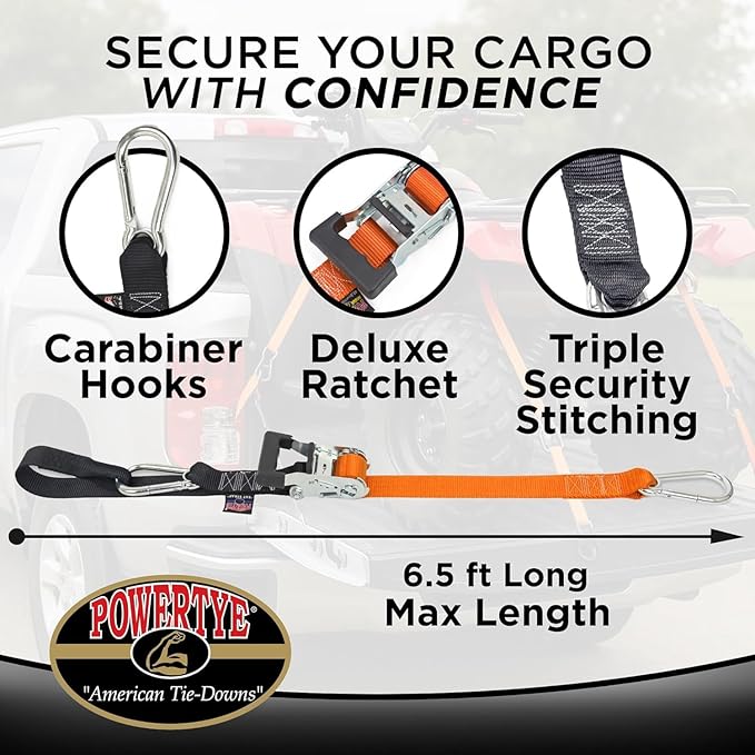 PowerTye 1.5in x 6.5ft Heavy Duty Ratchet Tie-Down Straps with Soft-Tye and Carabiner Hooks - 1,000 lb Working Load Limit / 3,000 lb Breaking Strength - Made in USA - Purple/Black (Pair)