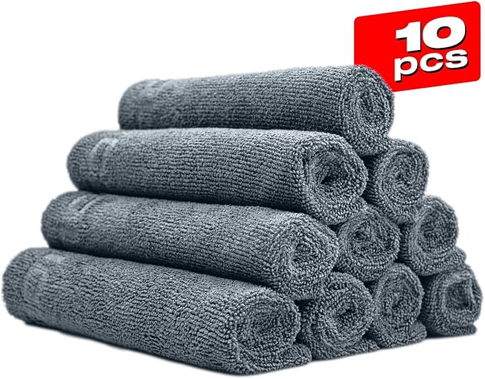 Nasiol Wipe&Buff Microfiber Cleaning and Ceramic Coating Buff Cloth – Professional, Highly Absorbent, Lint & Streak-Free, Edgeless Double-Sided Towel – Pack of 10, Light Gray (13.79 x 15.75 in)