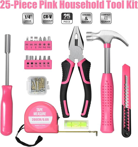 ZUZUAN Tool Set 25pc Pink Household DIY Tool Kit for Women,Small Mini Tool Box for Easy of Carrying, Starter Basic Ladies Tools Perfect for DIY, Home Maintenance