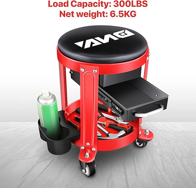 DNA Motoring TOOLS-00197 Round Mechanics Roller Seat Creeper Stool With Padded Cushion, Tool Storage Drawer & Tray, 300 Lbs Max Weight Capacity