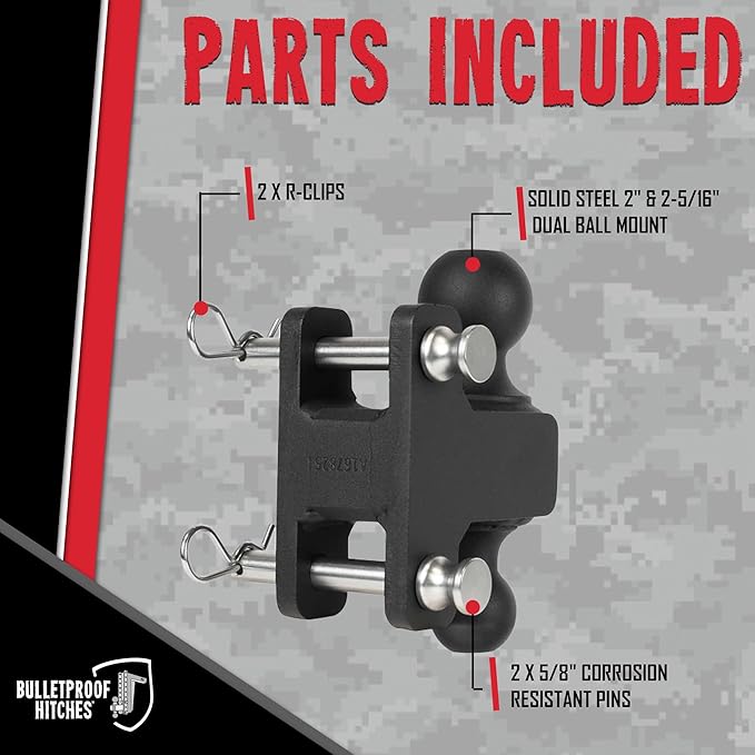BulletProof Hitches - Adjustable Trailer Hitch - 2" and 2-5/16" Dual Ball Mount - Replacement 2-5/16" Ball Hitch Rated up to 36,000 lbs - Solid Steel, Corrosion Resistant, Black Powder Coat