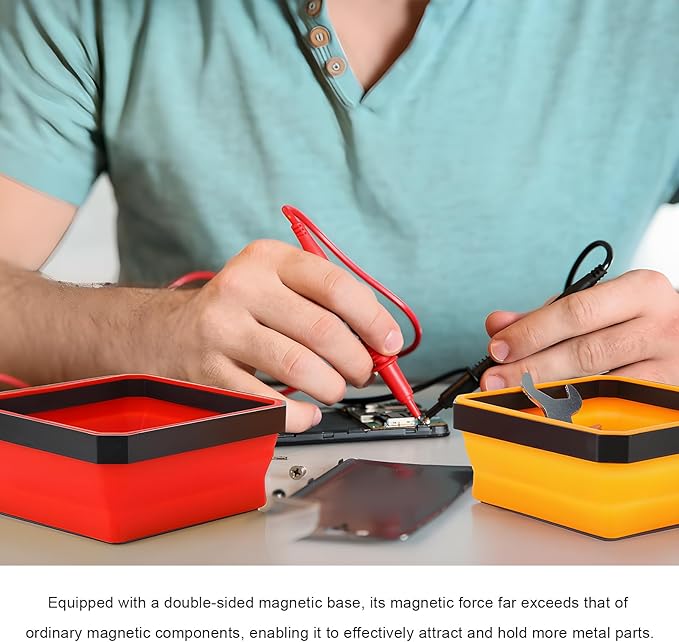 Collapsible Magnetic Parts Tray, 4.5" Square Silicone Metal Parts Organizer Double-Sided Magnet Bowl, Foldable Magnetic Tool Trays for Screws Bolts Nuts Washers Pins (Orange)