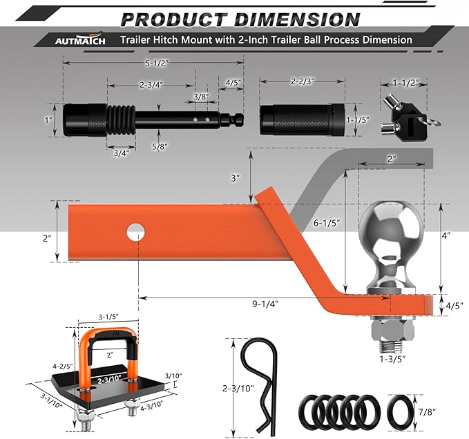 AUTMATCH Trailer Hitch Ball Mount with 2 Inch Hitch Ball - Fits 2" Receiver with Hitch Tightener, 8000Lbs Capacity Ball Hitch, 4-Inch Drop with 5/8" Hitch Lock Pin, Orange