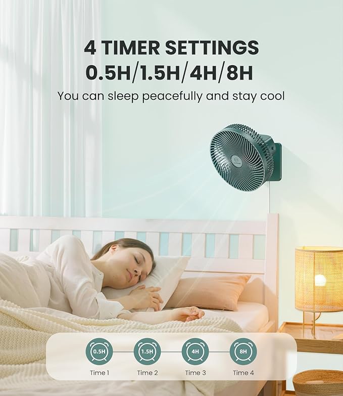LEMOISTAR 10 Inch Wall Mounted Fan with Remote Control, 90° Oscillating, 4 Speeds, 4 Timer, Adjustable Tilt, 70 Inch Cord, Quiet, for Bedroom Garage RV Office Home Patio-Green