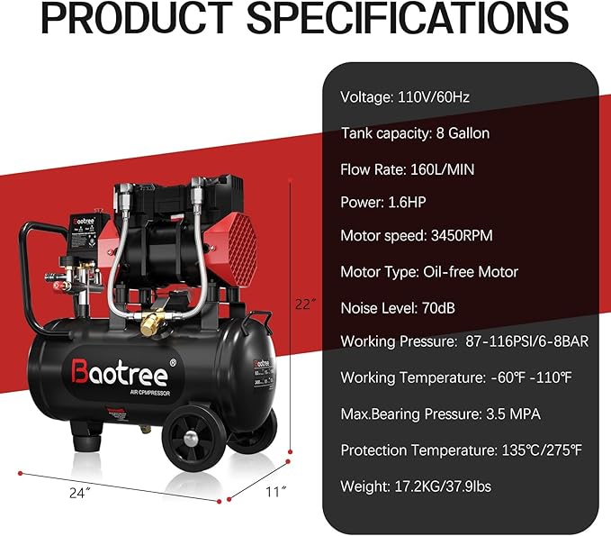 8Gal Ultra Quiet Oil-Free Air Compressor Portable, Max 115PSI 1.5HP 4.52CFM 70dB Low Noise Air Compressor for Auto Repair, Bike Tires, Garage Spray Painting 110V/60Hz