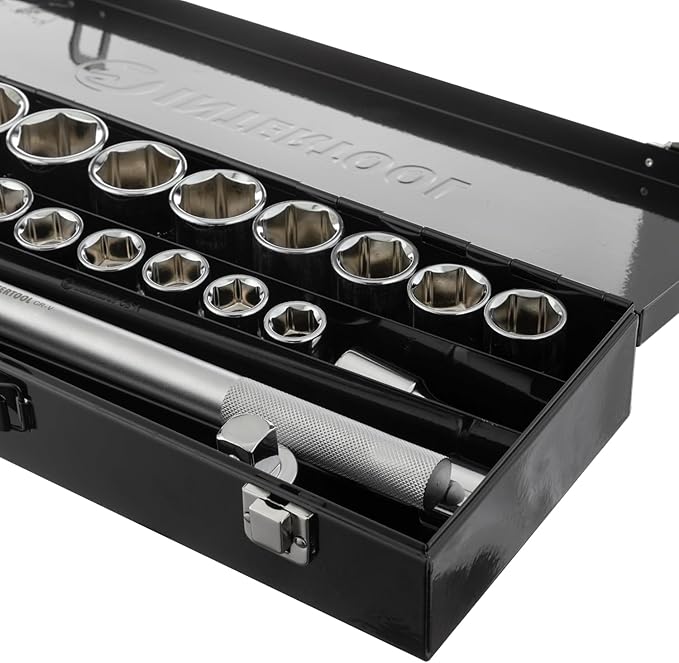 INTERTOOL 3/4-inch Drive Metric Jumbo Socket Set, 19-50 mm, 21-Piece, Quick Release Ratchet, Extensions, Sliding Bar, Metal Case, Remove Lug Nuts, Cars, Trucks, RVs, Heavy Duty Vehicles, ET08-8321