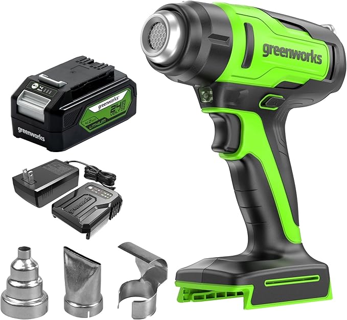 Greenworks 24V Cordless Heat Gun Kit, 4.0Ah Battery & Charger Included - Hot Air Tool, Max to 1000℉/538℃ with 3 Nozzles for Home, Garage, Outdoors