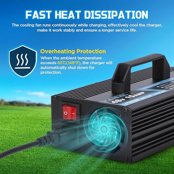 KAISAL 48V/58.4V 15A Lifepo4 Battery Charger - Onboard 48 Volt Lithium Golf Cart & Forklift Charger with IP68 Waterproof Removable Plug