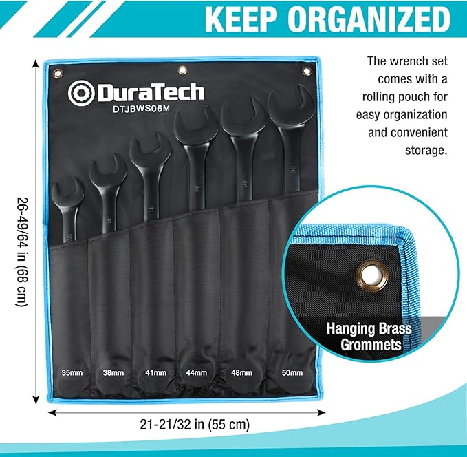 DURATECH Jumbo Combination Wrench Set, Metric, 6-piece, 35-50 mm, CR-V Steel, black electrophoretic coating, with Pouch