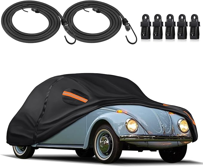 KEYOOG Car Cover Waterproof All Weather Fit for Volk-swagen Beetle Bug 1960-1979, 600D Oxford Cloth Heavy Duty, Sun Hail Protector Seal Skin Outdoor Car Covers with Door Zipper/Cotton Lining, Black
