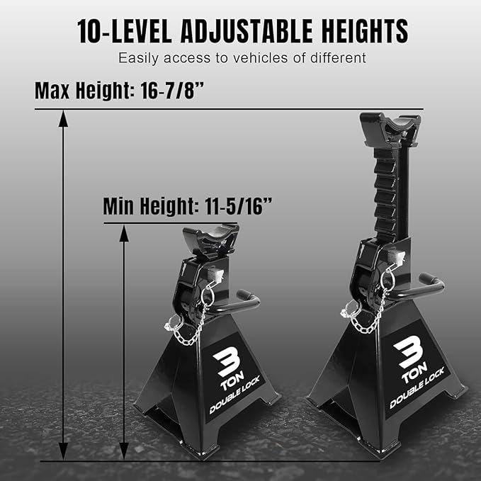 Torin 3 Ton Steel Heavy Duty Jack Stands, Double Locking Pins Car Lift Jack, Black, 2 Pack