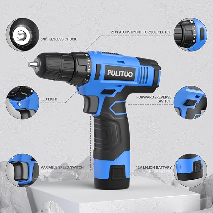 PULITUO 12V Blue Cordless Drill Set - Power Drill Kit with Battery and Charger, 3/8-Inch Keyless Chuck, Built-in LED, 21+1 Torque Setting