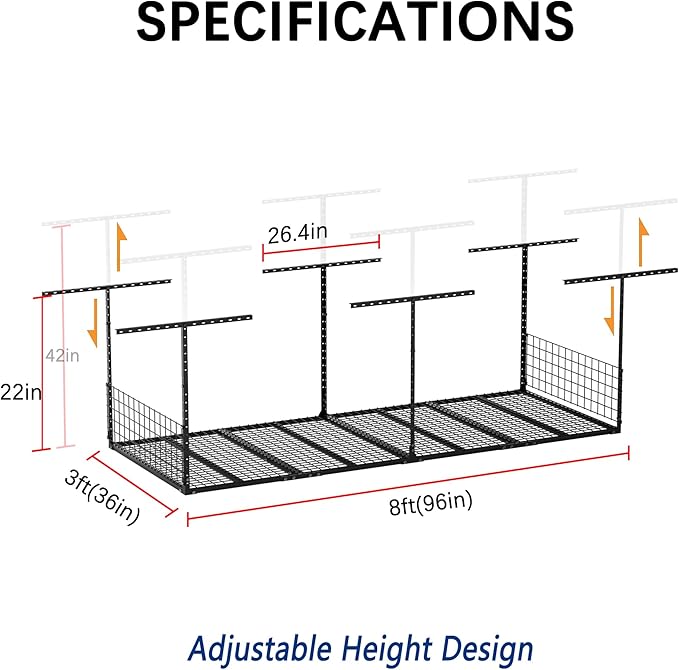 Soywey 3 x 8FT Overhead Garage Storage Rack,Adjustable Ceiling Storage Racks,Garage Shelving Heavy Duty Storage Organizer System With Sidebar,Load 600LBS Weight