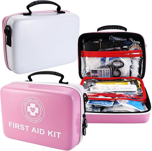 Large First Aid Kit - 410 Piece Dual-Color Emergency Kit with Hard Shell,Professional Survival Kit for Home, Car, Travel, Hiking & Outdoor(Pink/White)