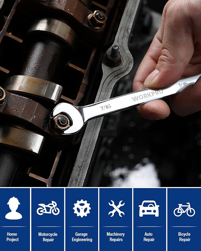 WORKPRO 7/16" Ratcheting Combination Wrench SAE, CR-V Constructed with Mirror Polish Chrome Plating, 12-Point Design, 15-Degree Offset