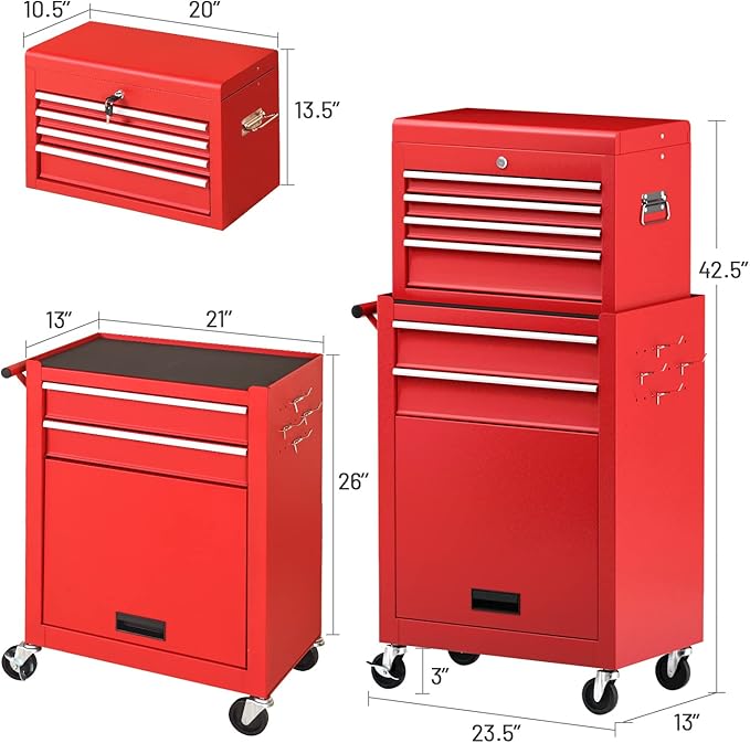 ERGOMASTER Rolling Tool Chest Cabinet Big Tool Storage Cabinet on Wheels and Lock System, Toolbox Organizer with Sliding Liner - 6-Drawers & Red