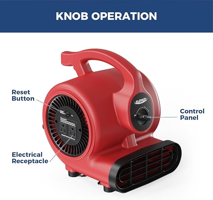ALORAIR 600 CFM Air Mover Blower Fan for Industrial, Workshop, and Home Use - 3 Speeds, 5 Adjustable Angles and Daisy Chain - Ideal for Water Damage Restoration and Plumbing - GF600A Red