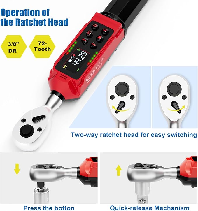 3/8-inch Drive Digital Torque Wrench, 0.66-44.3Ft.lbs/0.9-60Nm, Electronic Torque Wrench, Inch Pound Torque Wrench Set with ±1% Accuracy, Vibration, Buzzer and LED Notification for Bicycle