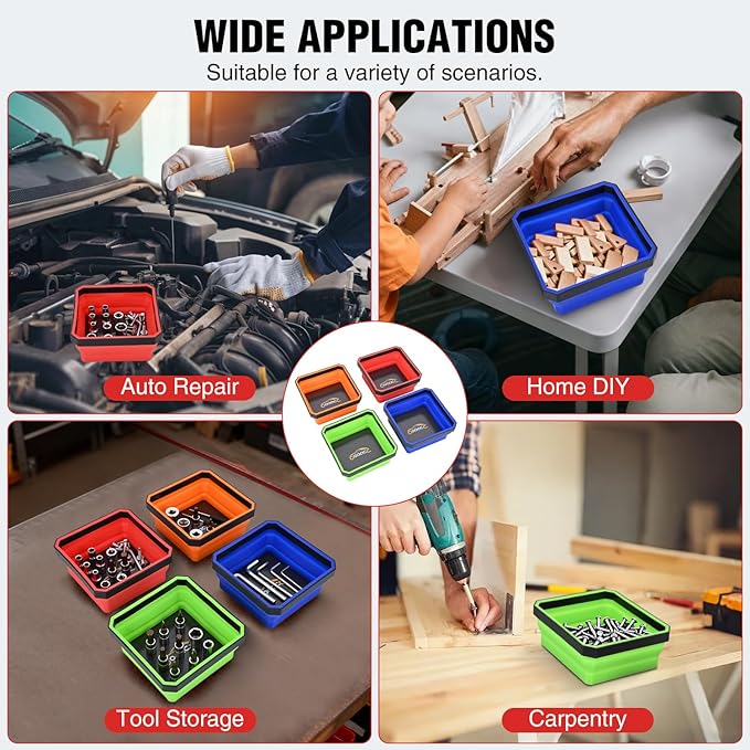 GOOACC 4 Pcs Square Collapsible Magnetic Parts Tray Set Multiple Colors Silicone Foldable Tool Trays Organizer for Screws Bolts Nuts Pins Washers and Other Small Metal Parts Double Sided Magnet Base