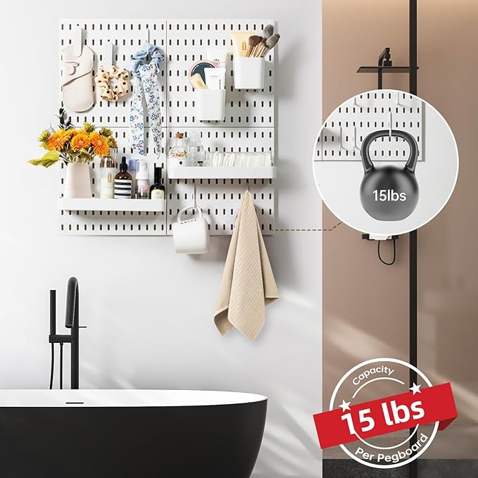 VUSIGN Pegboard Combination Wall Organizer Kit, 4 Pieces Pegboards and 17 Accessories Modular Hanging, Wall Mount Display Peg board Panel Kits for Bedroom, Home, Office, Bathroom, 22" x 22", White