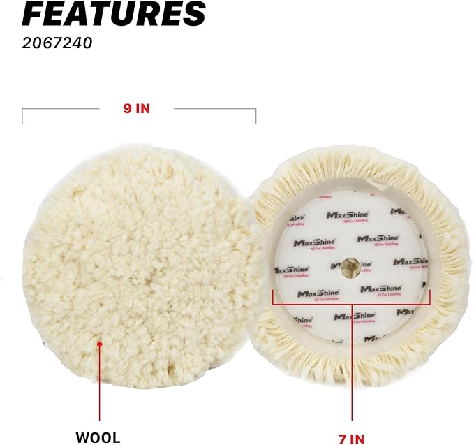 Maxshine 9” Rotary Wool Buffing Pad – Professional 100% Wool Cutting & Polishing Pad – Ideal for Heavy Defect Removal & Paint Correction (Single Sided)