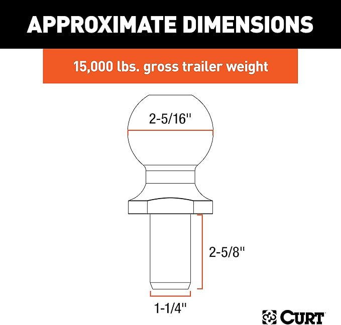 CURT 40055 Stainless Steel Trailer Hitch Ball, 15,000 lbs, 2-5/16-Inch Diameter, 1-1/4 x 2-5/8-Inch Shank