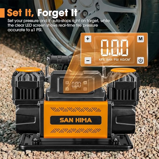 SanHima 12V Air Compressor - Dual Cylinder Portable Tire Inflator 12.36 CFM w/LED Screen, Offroad Air Pump Heavy Duty Max 150 PSI for 4x4 Vehicle RV Truck Tires