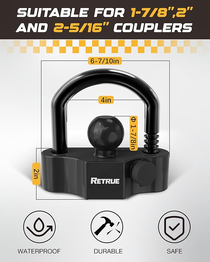 RETRUE Universal Coupler Lock Trailer Locks Ball Hitch Trailer Hitch Lock Adjustable Security Heavy-Duty Steel Fits 1-7/8 Inch, 2 Inch, 2-5/16 Inch Couplers Black