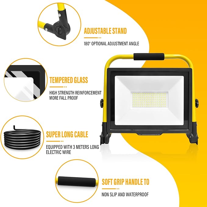 Willpower Portable LED Work Light 100W Job Site Light 10000LM IP66 Waterproof Construction Floodlights Outdoor with Stand 6000K Daylight White for Camping Workshop Garage with 3.5m Wire Plug