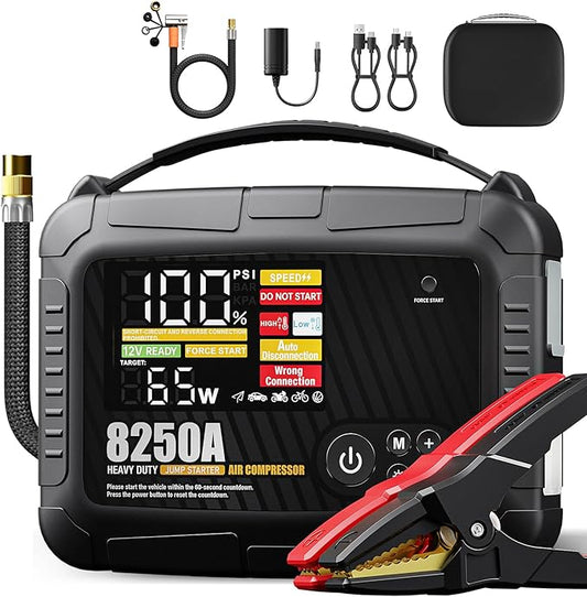 JFEGWO 8250A Jump Starter with Air Compressor, 32000mAh Car Battery Booster Pack (Up to All Gas/12.0L Diesel), 150 PSI Tire Inflator, 65W Fast Charging Portable Jump Box for 12V Trucks, SUVs, RVs