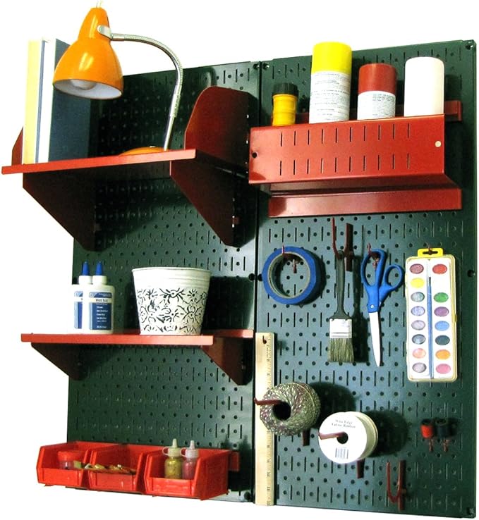 Wall Control Craft & Hobby Pegboard Organizer Storage Kit with Green Pegboard and Red Accessories