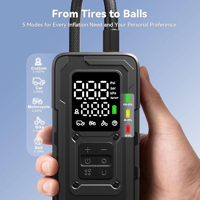 MODARI Tire Inflator Portable Air Compressor - 4X Faster 160 PSI Portable Air Pump for Cars - Cordless Tire Inflators with Gauge - Portable Tire Inflator for Car, Pickup, Bike and More