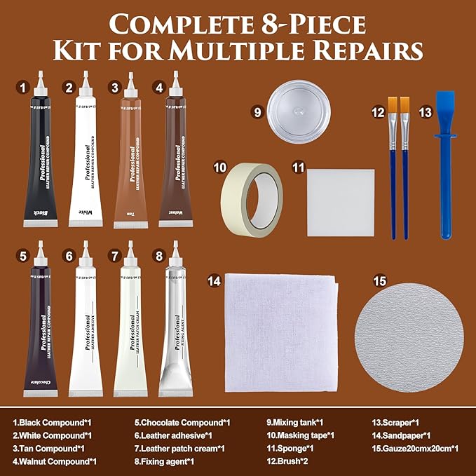 Leather Repair Kit for Furniture, Car Seats, Sofa, Jacket, and Purse, Vinyl Repair Kit with Super Easy Instructions to Match Any Color, Restore Any Glossy Leather Surface